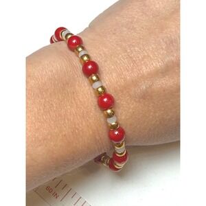 Vintage Style Red Beaded Bracelet Gold Tone Spacer Beads Toggle Clasp 7"